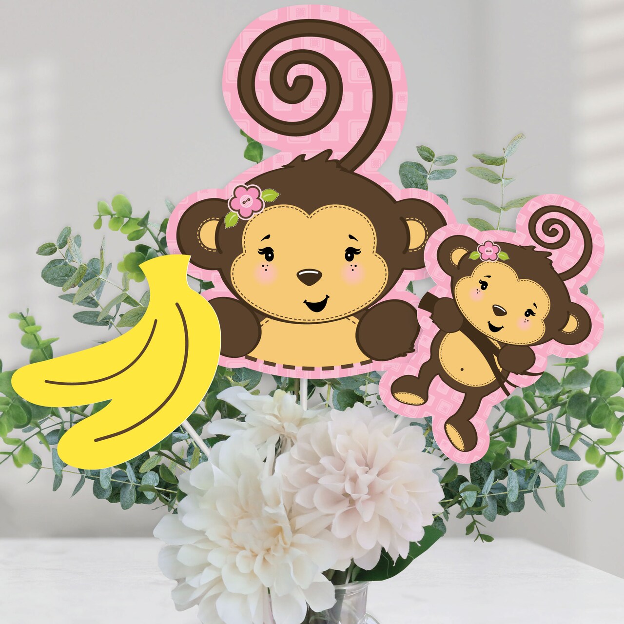 Big Dot of Happiness Pink Monkey Girl - Baby Shower or Birthday Party Centerpiece Sticks - Table Toppers - Set of 15